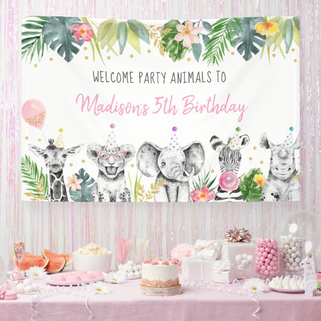 Party Animal Pink Gold Tropical Safari Birthday Banner (Party)