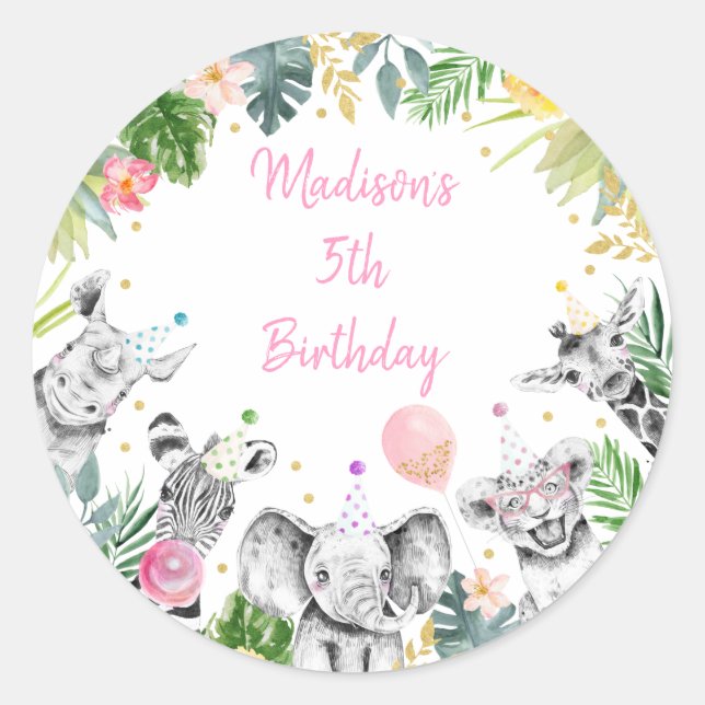 Party Animal Pink Gold Tropical Safari Birthday Classic Round Sticker (Front)