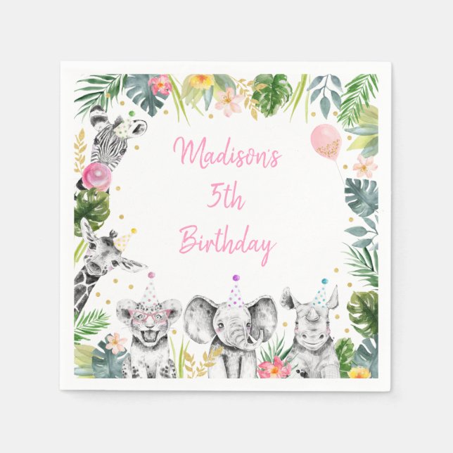 Party Animal Pink Gold Tropical Safari Birthday Napkin (Front)