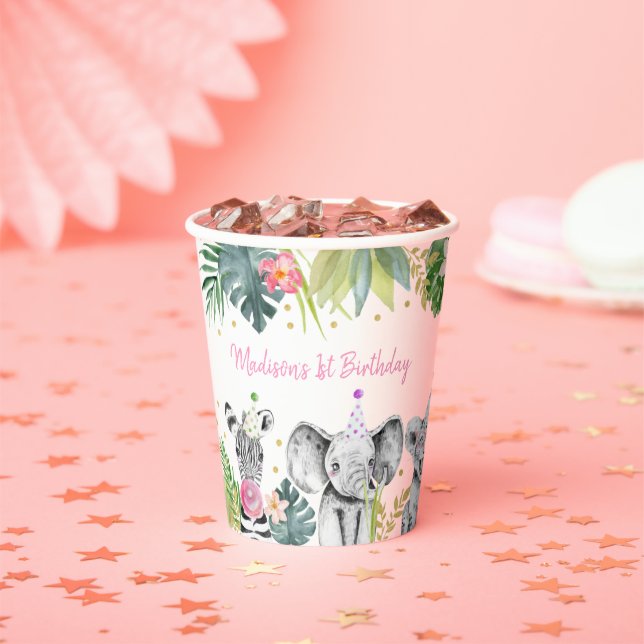 Party Animal Pink Gold Tropical Safari Birthday Paper Cups (Insitu)