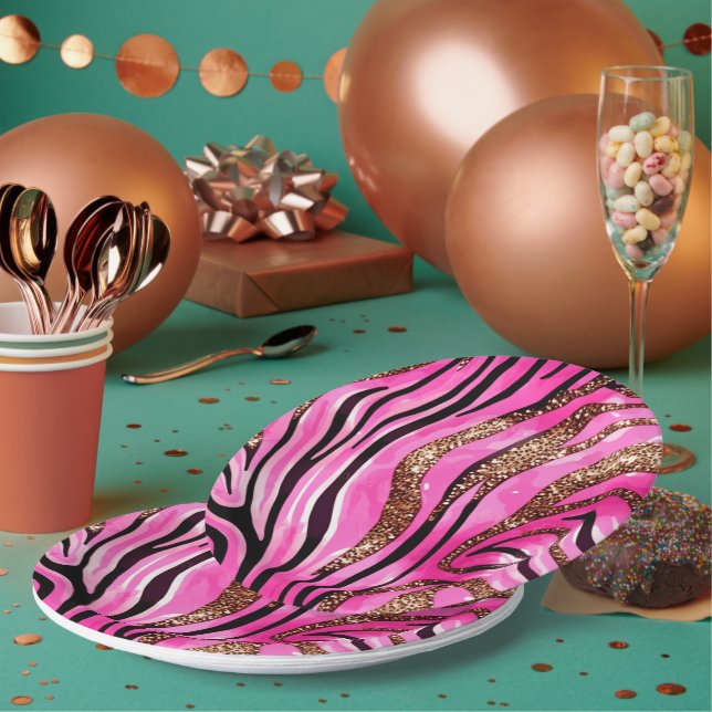 Party Animal Tiger Print Paper Cup, Pink Glitter Paper Plate (Multi)