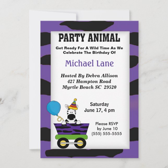 Party Animal Zebra Birthday Invitation (Front)
