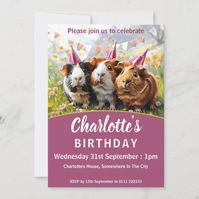 Party Animals - 3 Guinea Pigs Birthday Party Invitation (Front)