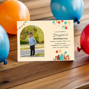 Party Animals and Arch Shaped Photo Kids Birthday Invitation