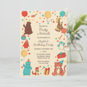 Party Animals and Confetti Custom Kids Birthday Invitation