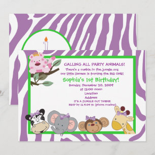 PARTY ANIMALS Baby Girl 1st Birthday Jungle 5x7 Invitation
