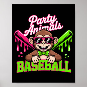 Party Animals Baseball Funny Monkey Poster