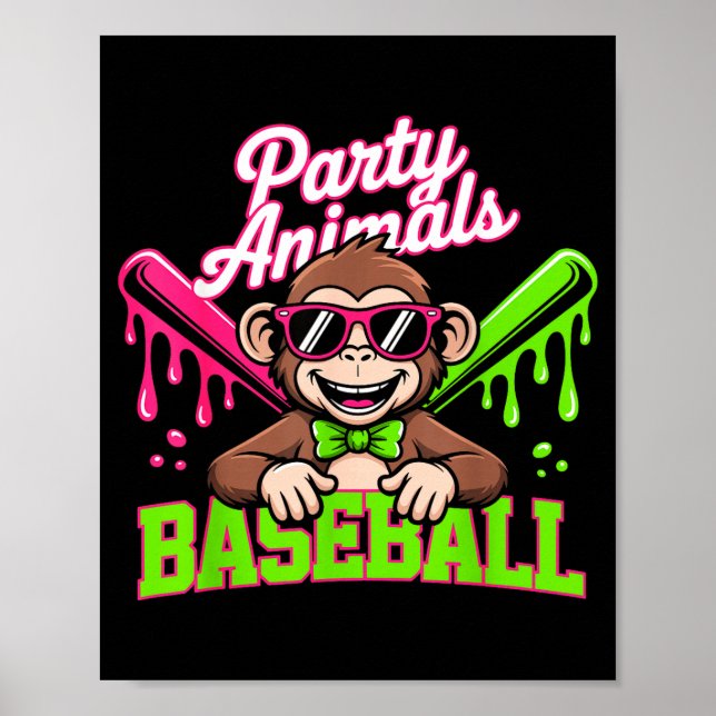Party Animals Baseball Funny Monkey Poster (Front)