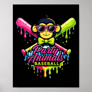 Party animals baseball funny monkey poster