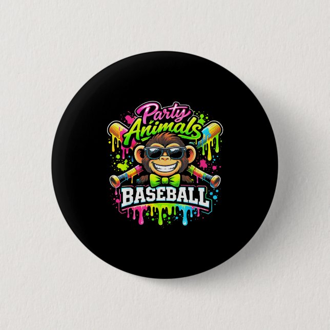 Party animals baseball ice cream drip funny monkey 6 cm round badge (Front)
