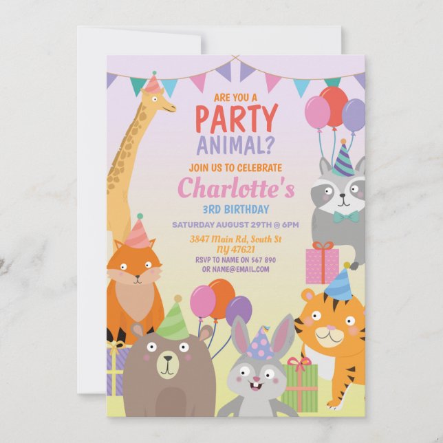 Party Animals Birthday Balloon Zoo Wild Jungle Invitation (Front)