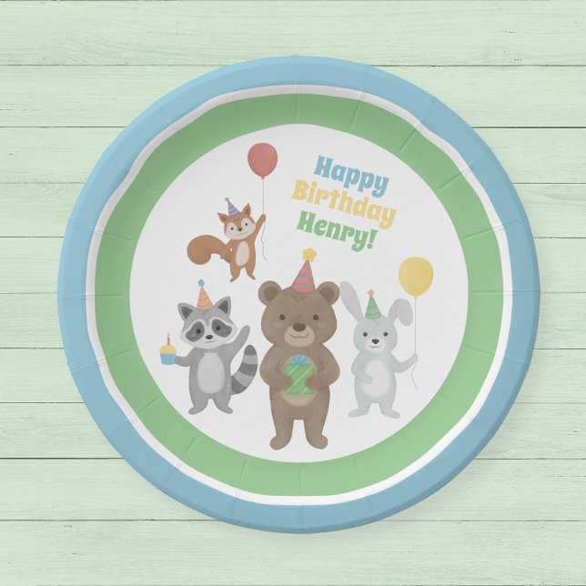 Party Animals Birthday Paper Plate (Forest animals custom paper plate for a birthday party. Cute party animals and editable text.)