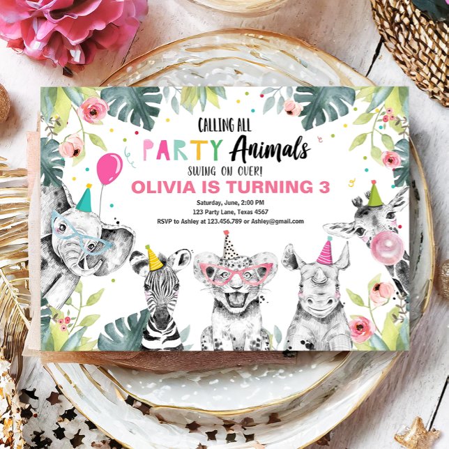 Party Animals Birthday Safari Girl Wild Animals Invitation (Creator Uploaded)