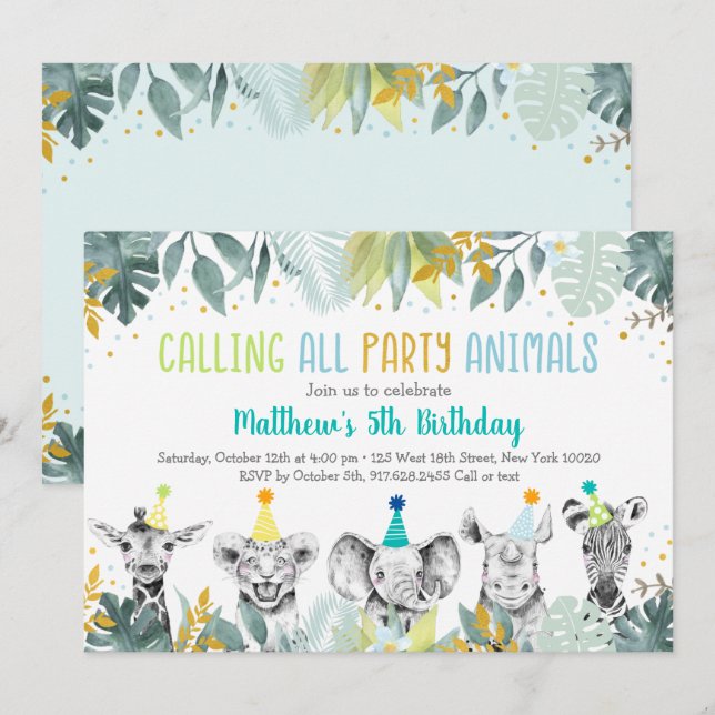 Party Animals Blue Gold Safari Birthday Invitation (Front/Back)