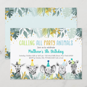 Party Animals Blue Gold Safari Birthday Invitation