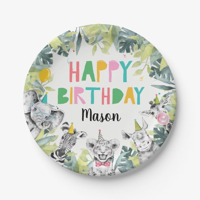 Party Animals Boy Safari Animals Birthday Party Pa Paper Plate (Front)