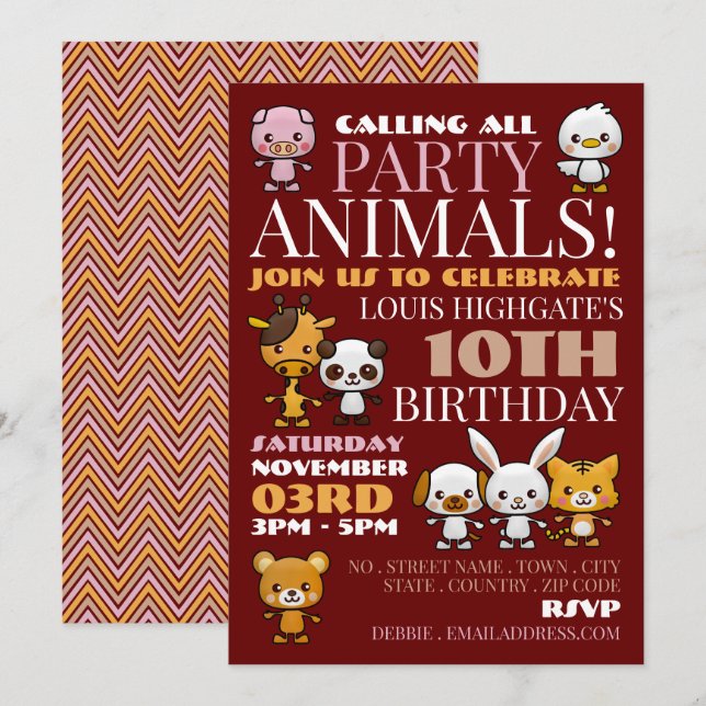 Party Animals, Chevron Birthday Party Invitation (Front/Back)