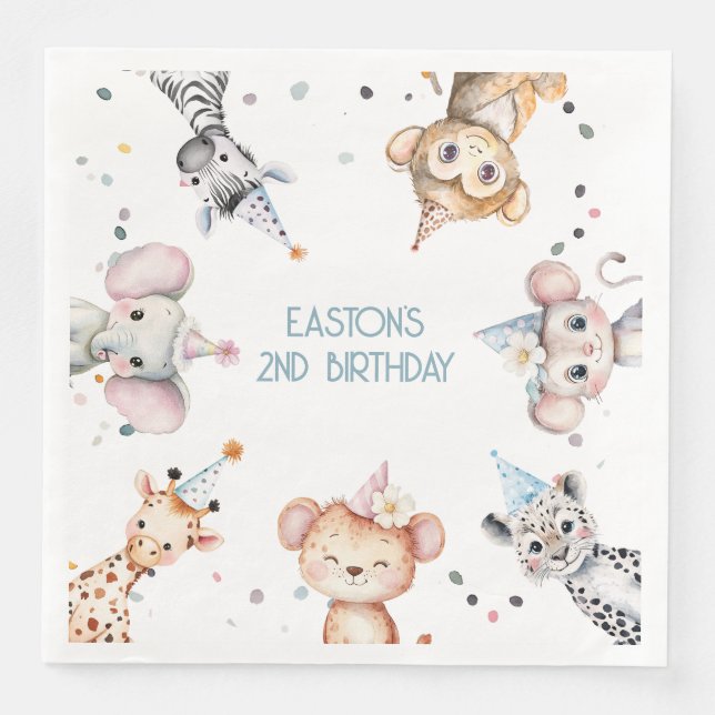 Party animals cute safari boy birthday party napkin (Front)