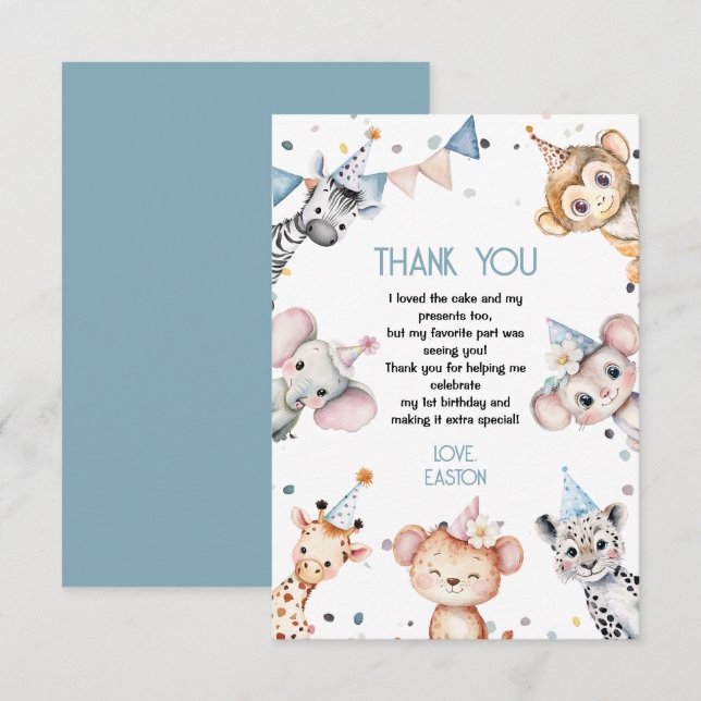 Party animals cute safari boy birthday party thank you card (Front/Back)