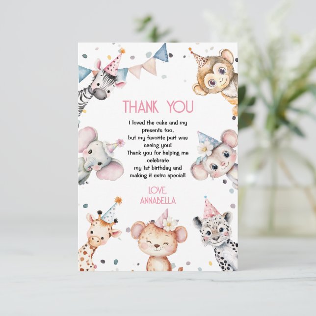 Party animals cute safari girl birthday party thank you card (Standing Front)