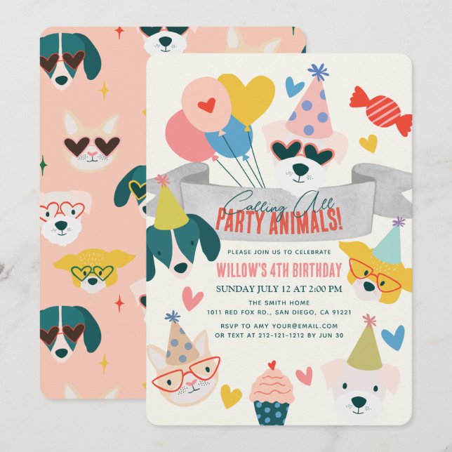 Party Animals Dogs & Cat Balloons Birthday Invitation (Front/Back)