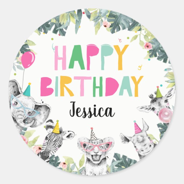 Party Animals Girl Safari Animals Birthday Party C Classic Round Sticker (Front)
