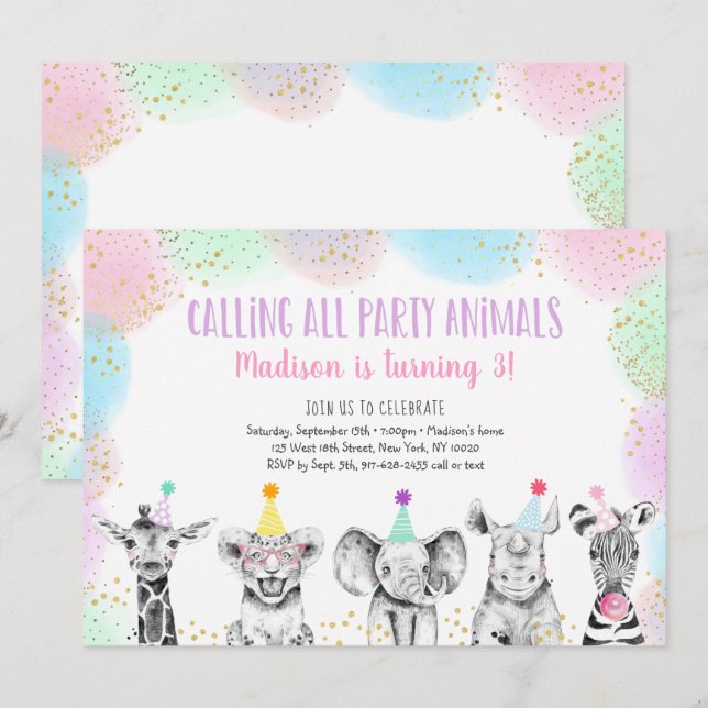 Party Animals Girl Safari Birthday Invitation (Front/Back)