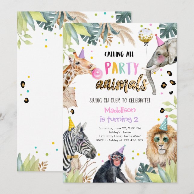 Party Animals Girl Safari Birthday Jungle Zoo Invitation (Front/Back)