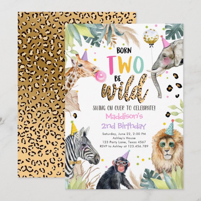 Party Animals Girl Safari Two Wild 2nd Birthday In Invitation (Front/Back)