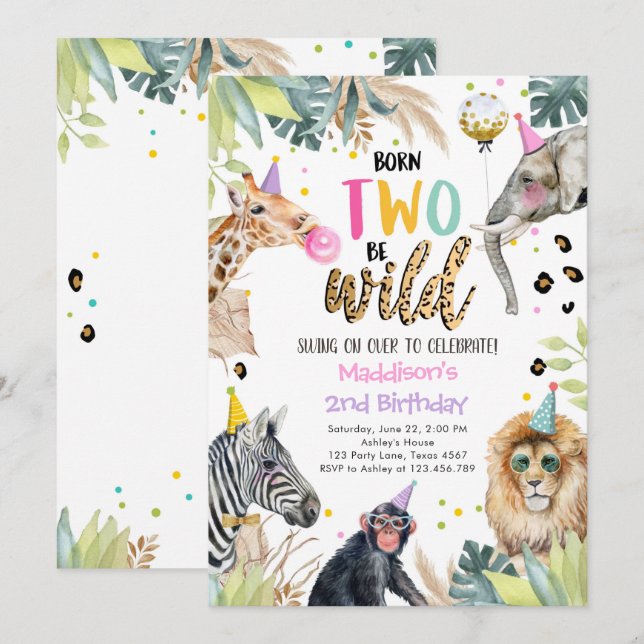 Party Animals Girl Safari Two Wild 2nd Birthday Invitation (Front/Back)