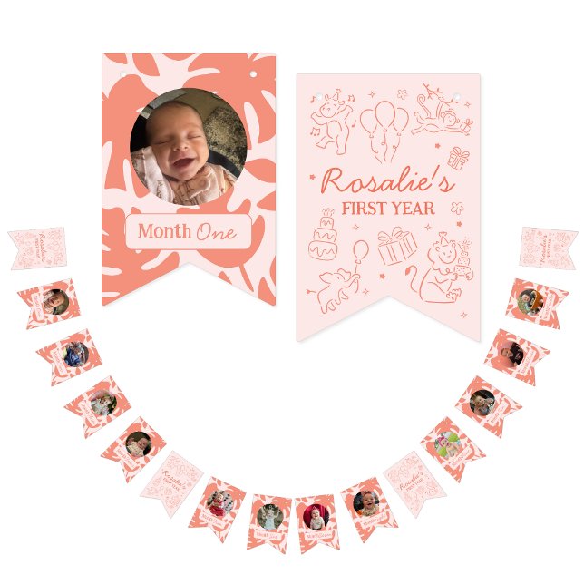 Party Animals Girl's First Birthday Photo Collage Bunting (Jungle Party Animals First Year Photo Collage Banner)