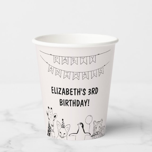 Party animals hand drawn doodle kid's birthday paper cups (Front)