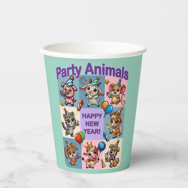 Party Animals "Happy New Year" Paper Cups (Front)