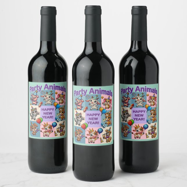 Party Animals "Happy New Year" Wine Label (Bottles)