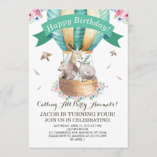Party Animals Hot Air Balloon Happy Birthday Invitation