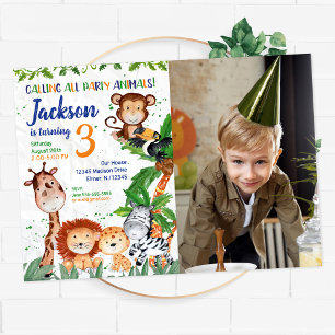 Party Animals Junge Safari Zoo Photo Birthday Invitation
