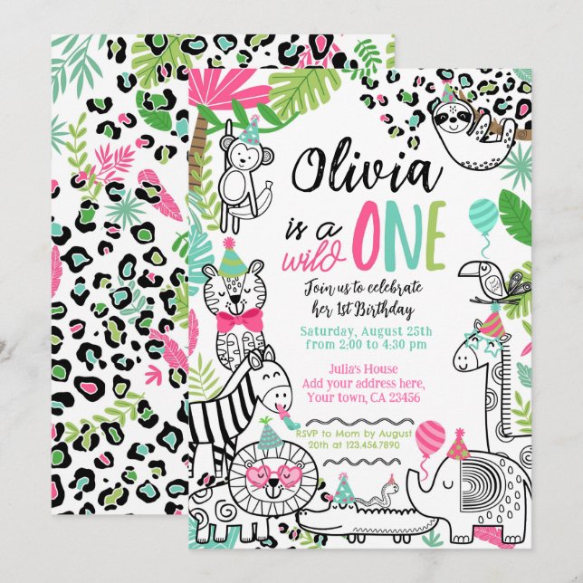 Party Animals, Jungle Safari 1st Birthday Invitation (Front/Back)