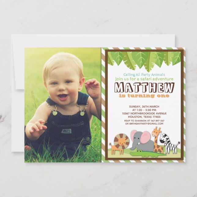 Party Animals Jungle Safari Birthday Photo Invitation (Front)