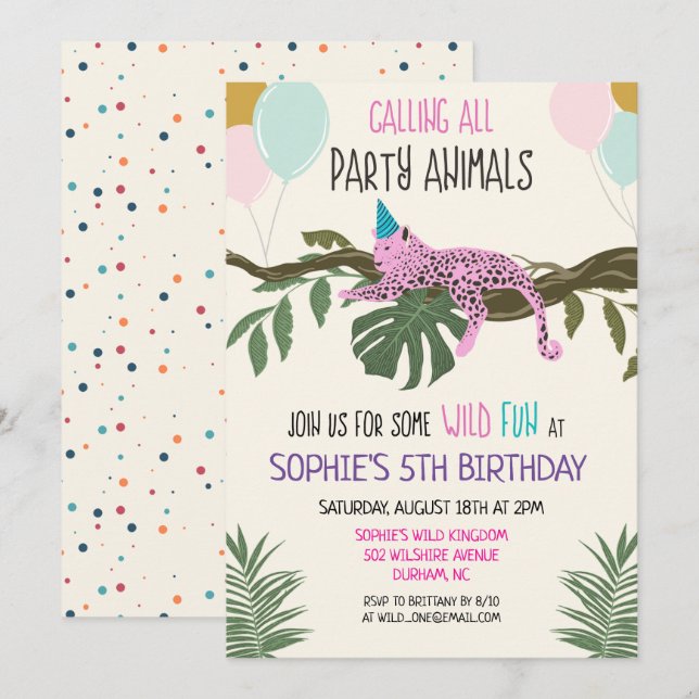 Party Animals Jungle Zoo Birthday Invitation Girl (Front/Back)