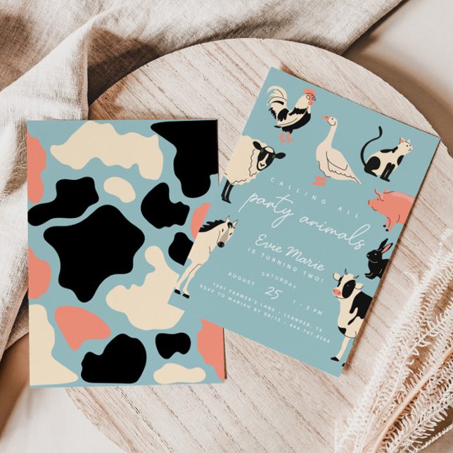 Party Animals | Kids Cow Print Farm Animals Invitation (Stand out with this modern and fun-filled farm-themed birthday invitation!)