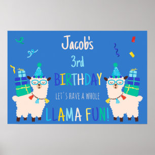 Party Animals Llama Birthday Boys Blue Poster