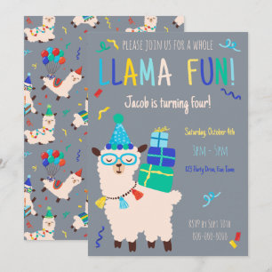 Party Animals Llama Birthday Boys Grey Invitation