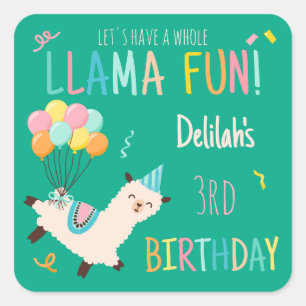 Party Animals Llama Birthday Girls Green Square Sticker
