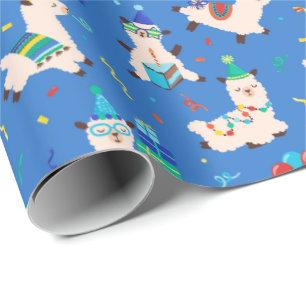 Party Animals Llama Birthday Party Blue Wrapping Paper