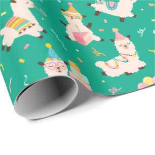 Party Animals Llama Birthday Party Green Wrapping Paper