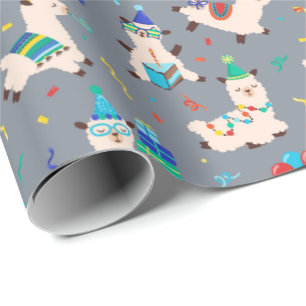 Party Animals Llama Birthday Party Grey Wrapping Paper