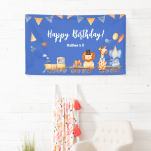 Party Animals on Train Kid Jungle Birthday Blue Banner