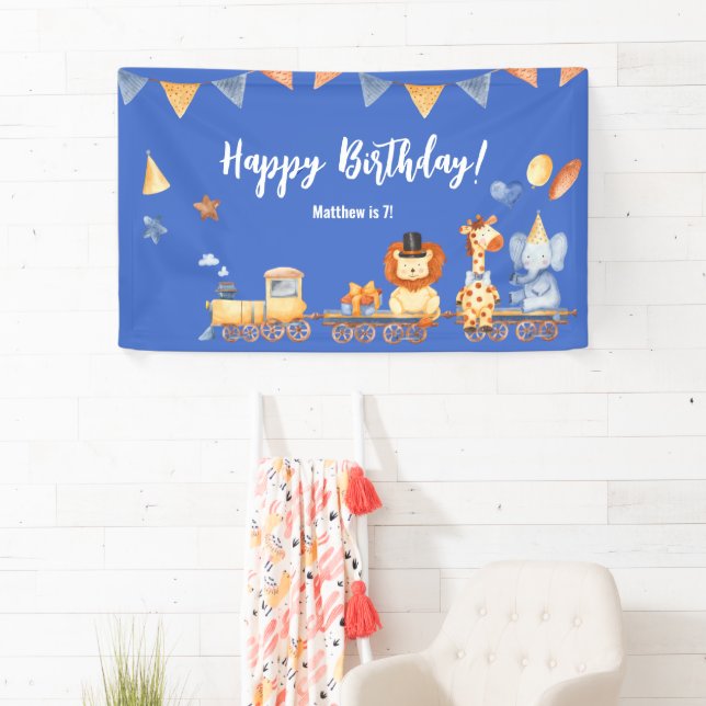 Party Animals on Train Kid Jungle Birthday Blue Banner (Insitu)