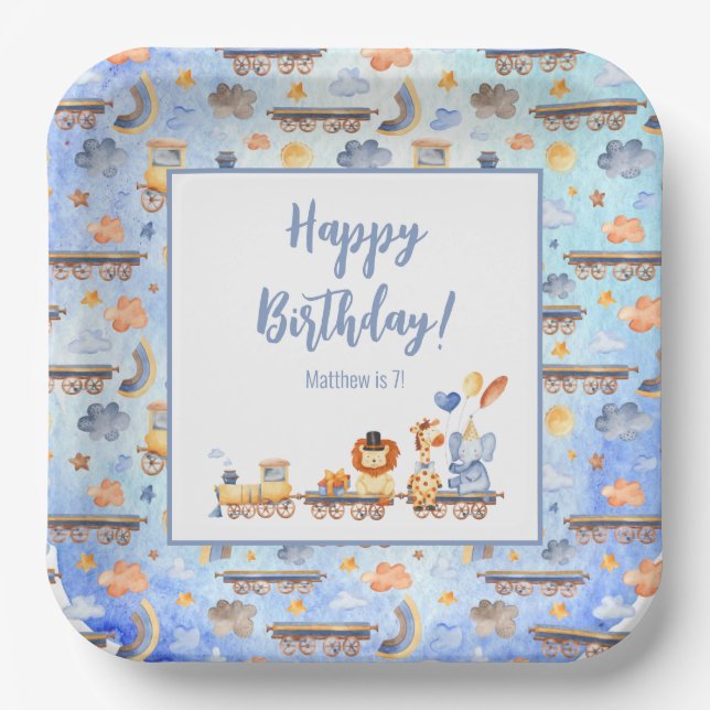 Party Animals on Train Kid Jungle Happy Birthday Paper Plate (Front)