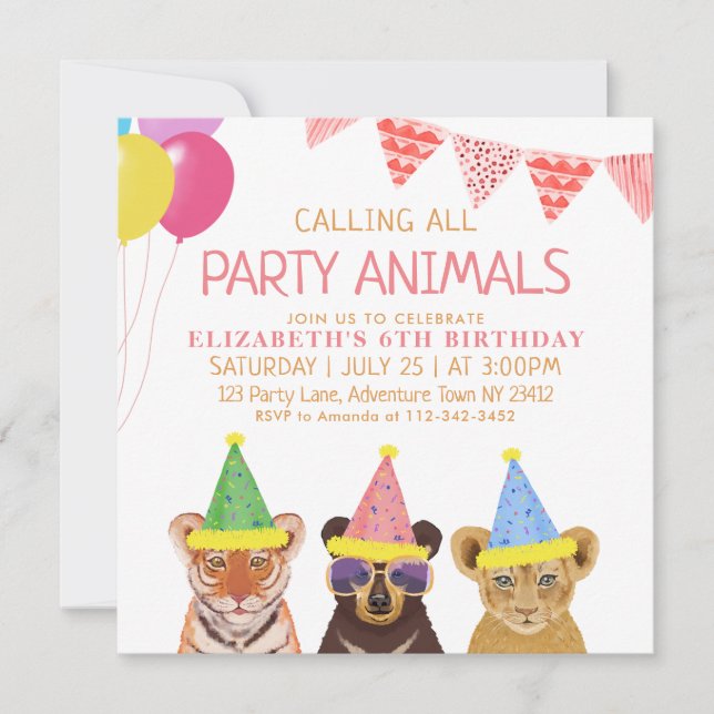 Party Animals Pink Birthday  Invitation (Front)